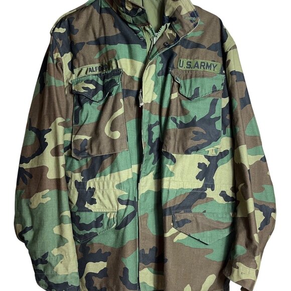 US Army M65 Coat 1986 Cold Weather Woodland BDU Military Surplus Vtg Mens M-Reg - Picture 1 of 10